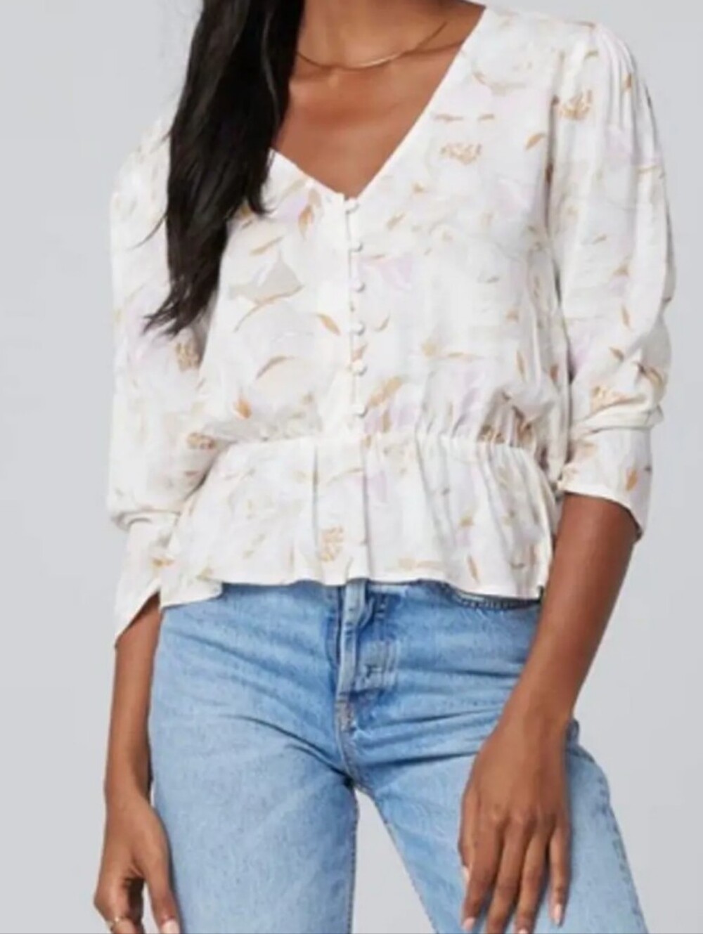 Saltwater Luxe Cream Floral Button-Peplum Blouse - Size Large